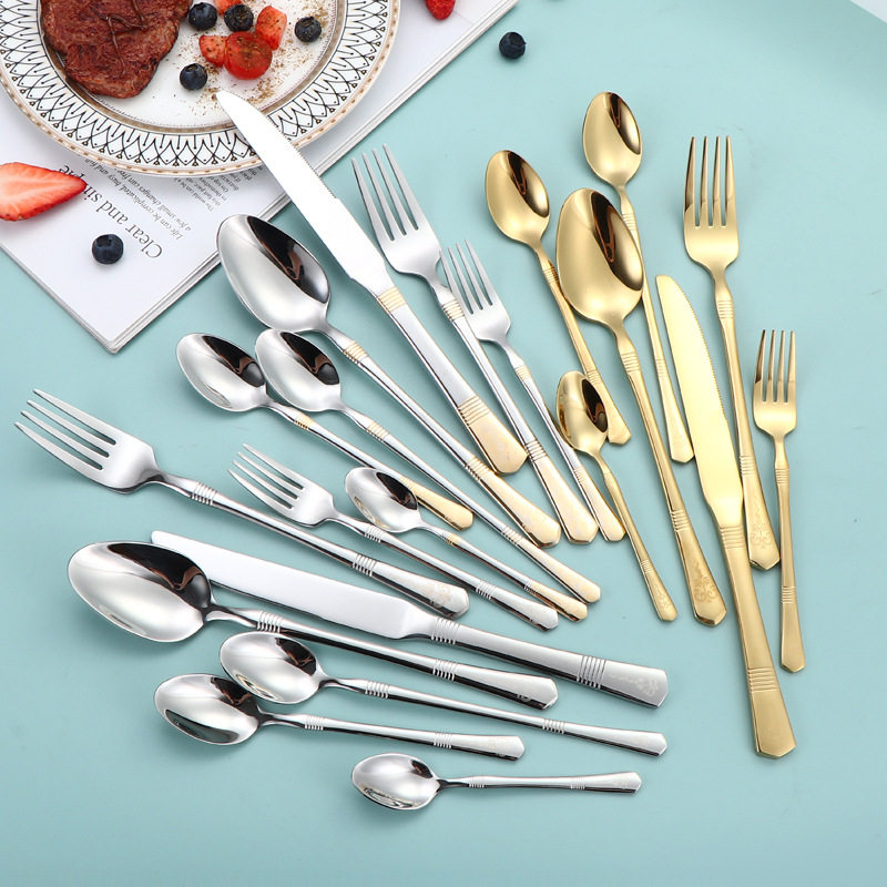 Stainless Steel Crown Vintage Single Line Pattern Knife and Fork Spoon Western Steak Knife and Fork Tableware suit Ice Spoon Coffee Spoon