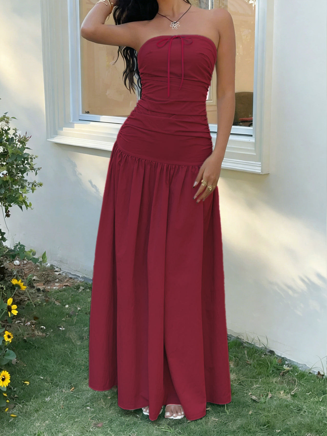 French Style Strapless Maxi Dress Soft Fabric Waist Tie Design Non Slip Strips Summer Vacation Wear Wholesale