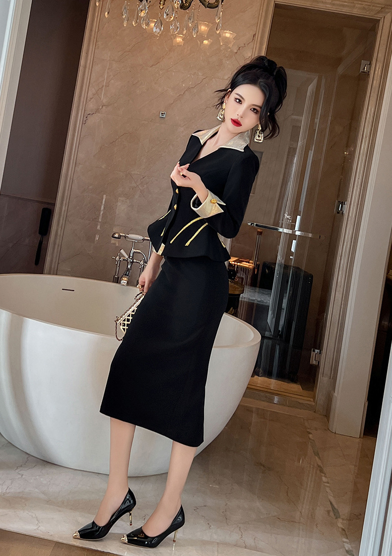 Bộ đầm nữ hai món áo khoác cổ chữ V thắt eo và chân váy ôm cạp cao — Màu đen