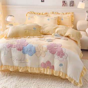 High-end Korean-style milk velvet girl heart French princess style patch embroidery thickened baby velvet 9kg four-piece set