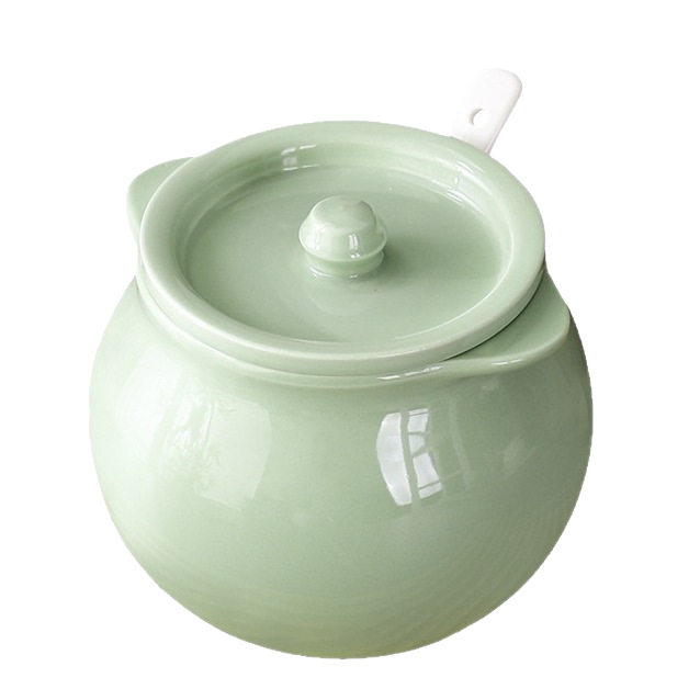 High-Temperature Resistant Ceramic Lard Jar, Household Kitchen Oil and Chili Seasoning Container with Lid and Spoon, Microwaveable Lard Jar