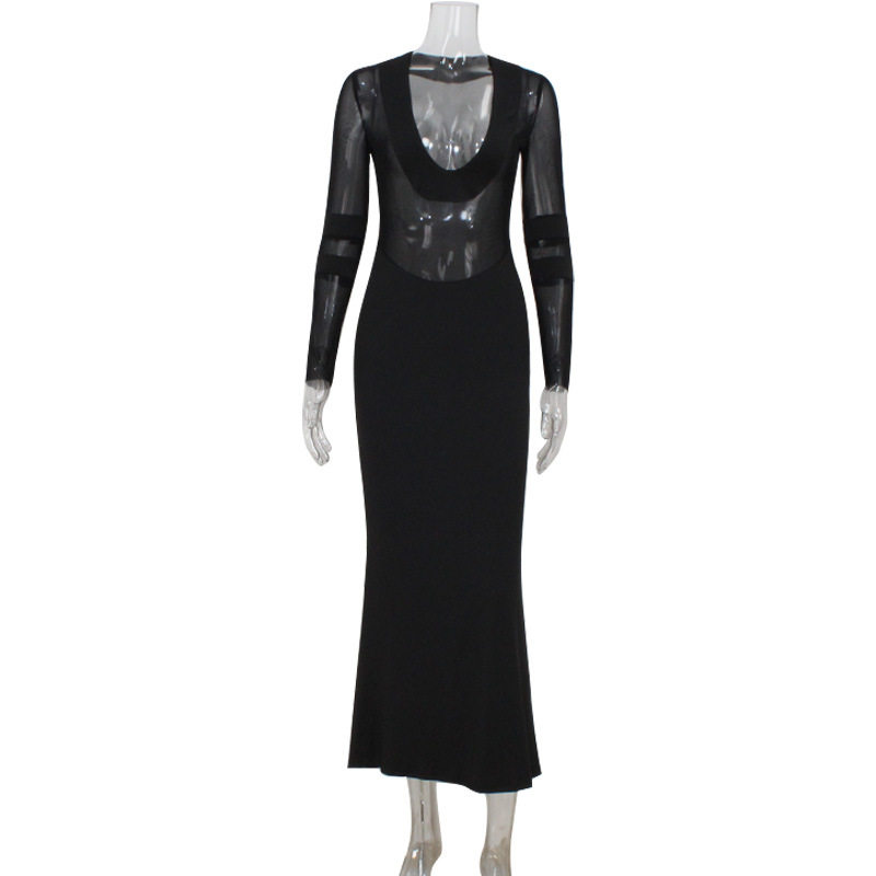 Elegant Mermaid Maxi Dress Deep V Neck Sheer Mesh Panels Bodycon Fit Solid Color Perfect for Evening Events OEM