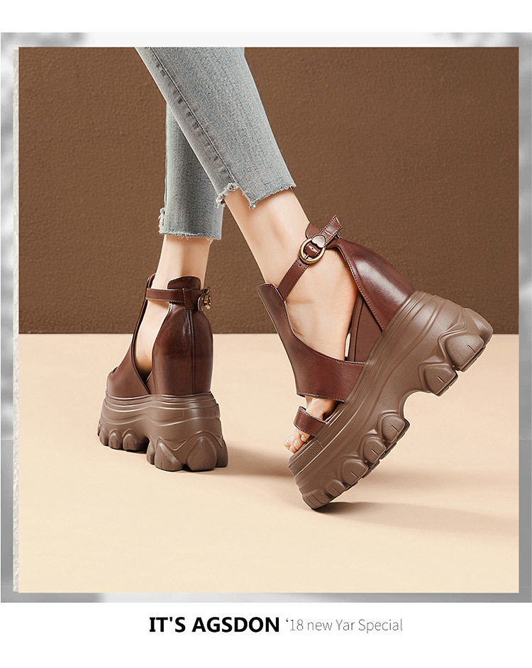Sandal cao gót nữ hở mũi đế xuồng 14 cm da bò thủ công phong cách vintage — [Đen], [Nâu] chi tiết 6