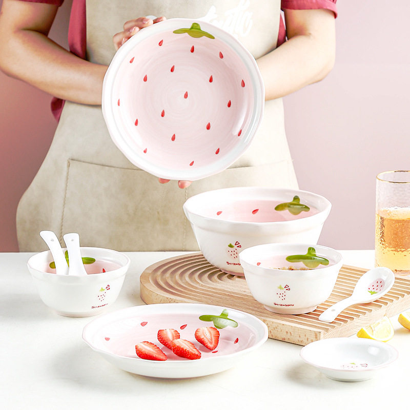 New Strawberry Creative Stylish Household Ceramic Ins Style Tableware Set Cute Rice Bowl Dish Plate Flavor Plate Dropshipping