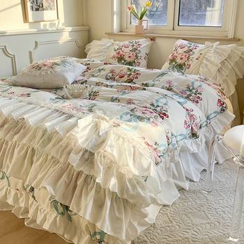Fairy ruffled cotton four-piece set pastoral floral princess style lace quilt cover ins cotton bed skirt four-piece set