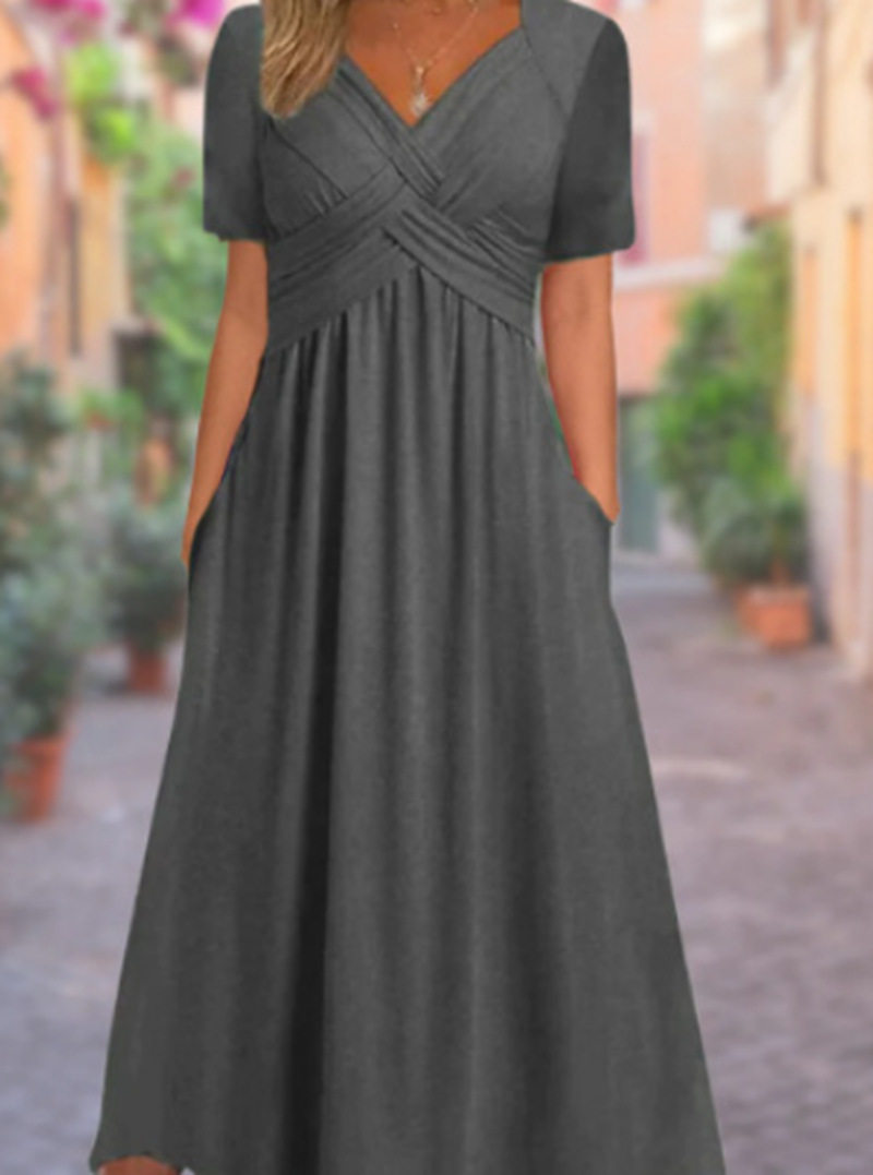 Womens Solid Color V Neck Short Sleeve Dress Trendy Design Comfortable Fabric Perfect for Fall Wholesale Available