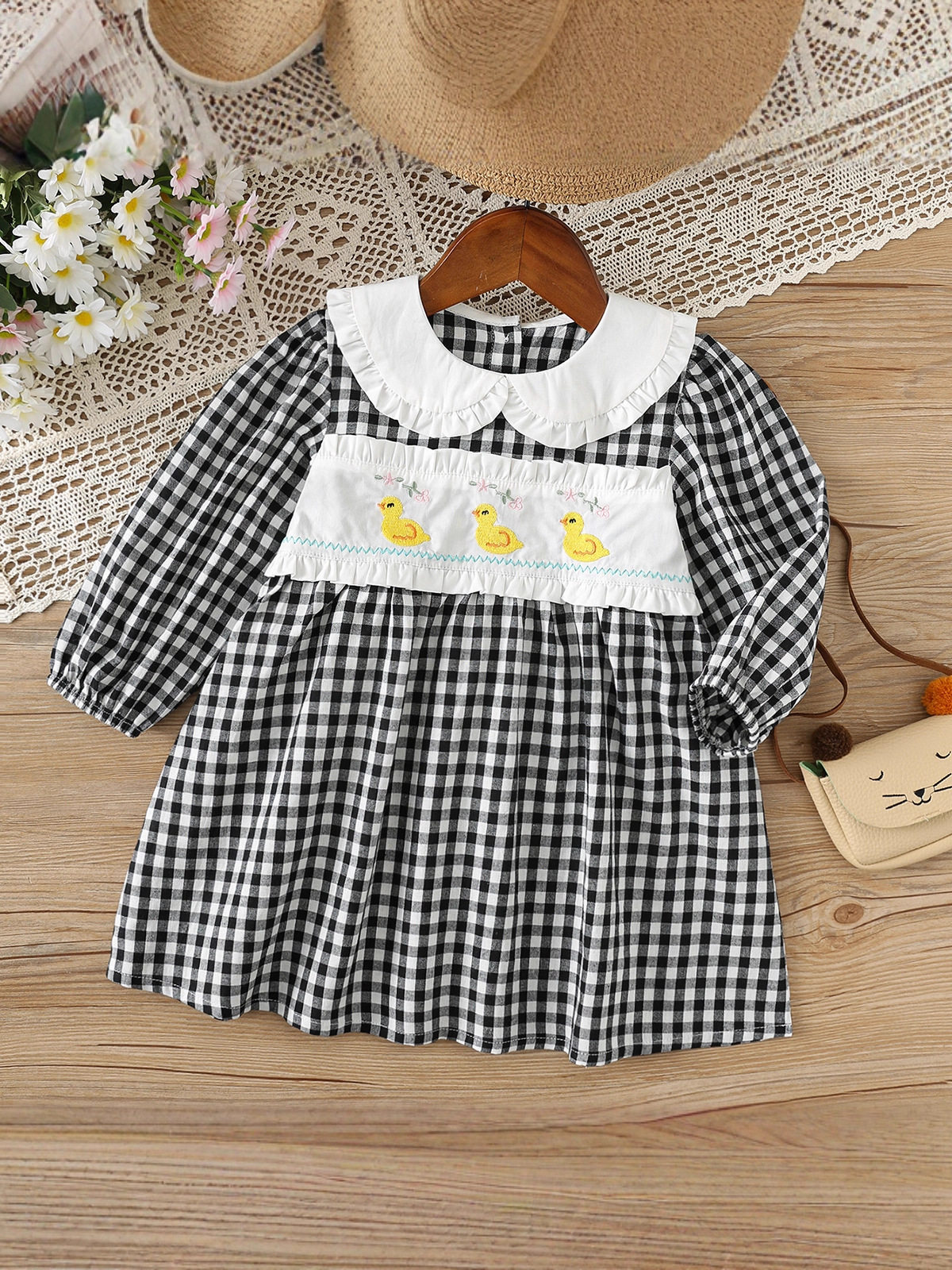 lapel duck rust plaid children's dress long-sleeved sweet children's princess dress