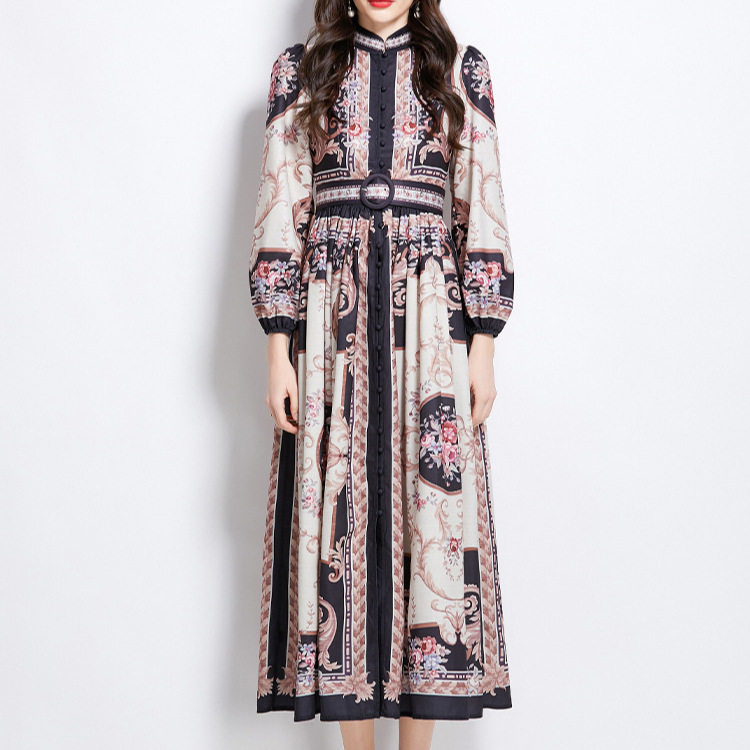 Vintage Lantern Sleeve Waist Defined Button Down Floral Maxi Dress Elegant Slim Fit Chic Style Perfect for Parties