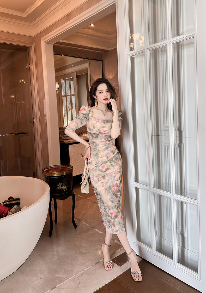 Đầm maxi nữ thắt eo cổ vuông họa tiết hoa retro Pháp — [Xanh lá] chi tiết 11