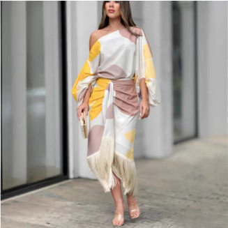 Summer Floral Lantern Sleeve Loose Top with Fringe Hem and Skirt Set Trendy Casual Style Wholesale Available