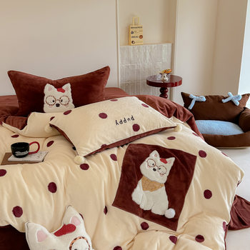 Festive Patchwork Embroidered Milk Velvet Four-Piece Kidsren's Room Three-Piece Warm Coral Velvet Bed Sheetss and Fitted Bed Sheetss Winter Bedding