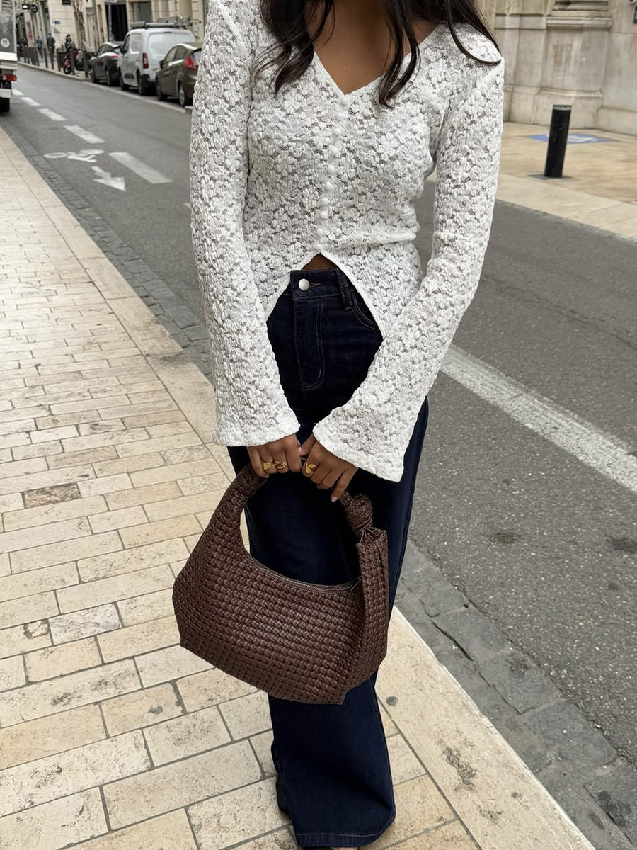 Lace Hollow Out T Shirt Pearl Button Split Hem Fitted Bell Sleeve Casual Wear for Women OEM Available