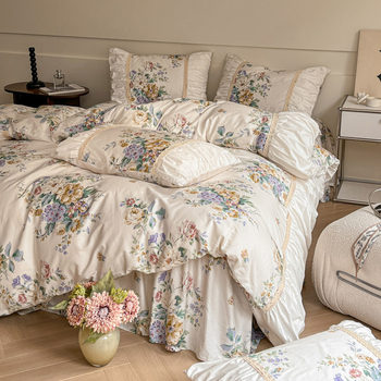 French Cream Style Pure Cotton Four-Piece Set, Pure Cotton Pleated Lace Quilt Cover, Bed Skirt, Retro Bedding, Long-Staple Cotton Set