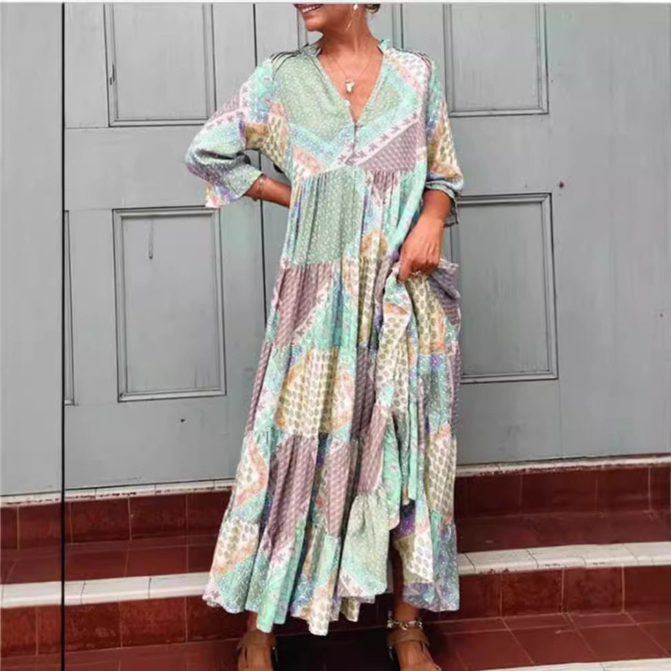 V Neck Color Block Casual Maxi Dress Summer Style Loose Fit Comfortable Fabric Wholesale Available