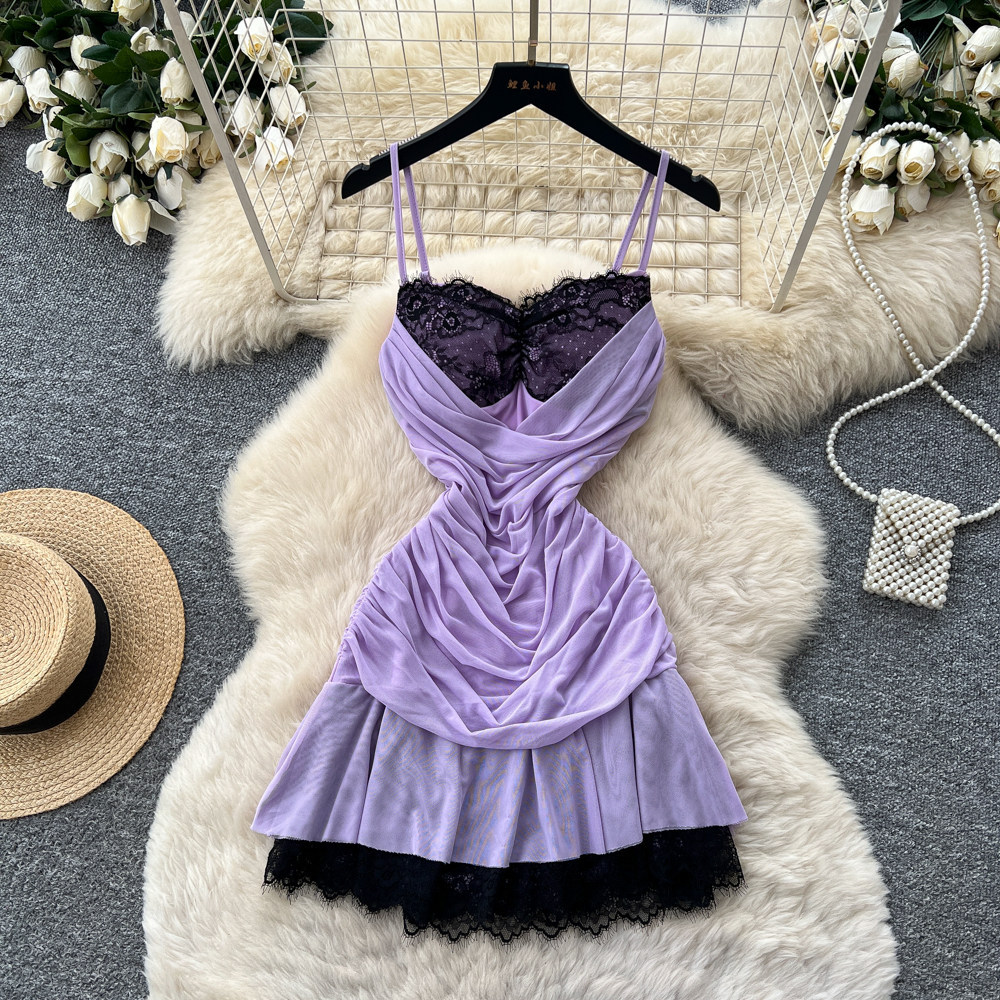 French Lace Spliced Cami Dress Slim Fit A Line Silhouette Summer Style Green Color Perfect for Casual Outings