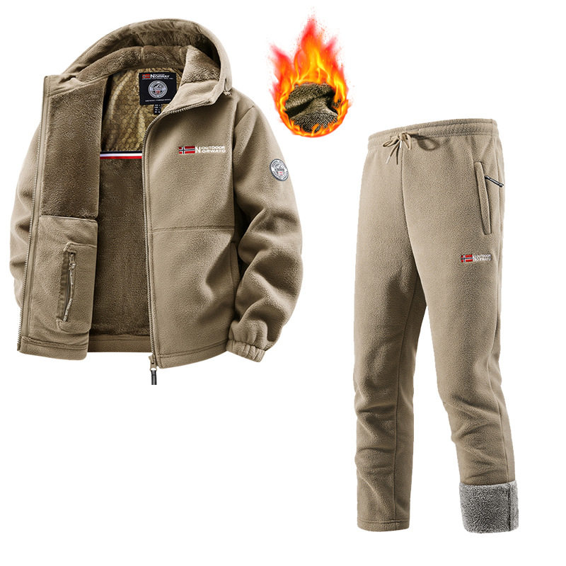 出口挪威大码保暖加厚双层带帽摇粒绒外贸跨境欧码加绒卫衣卫裤潮