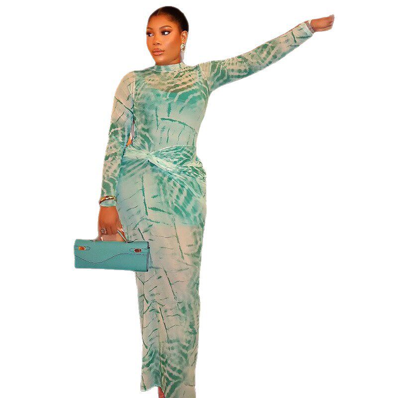 Elegant Womens Long Sleeve Floral Dress Slim Fit High Neck Comfortable Sheath Style Perfect for Work or Casual
