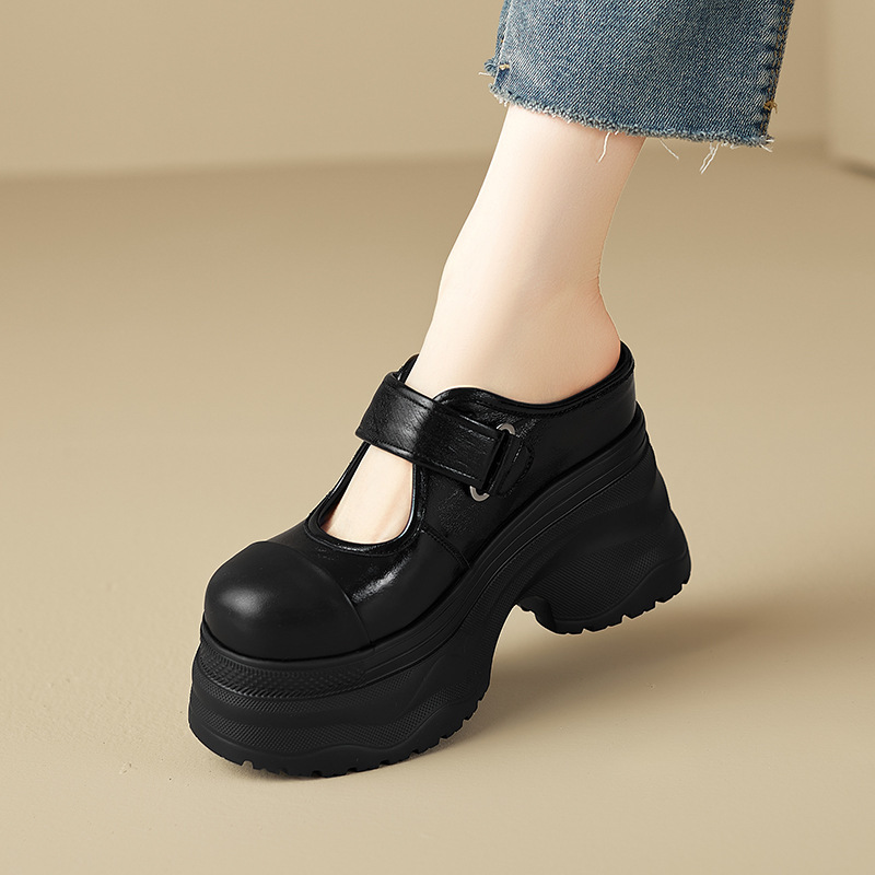 Dép nữ quai hậu đế xuồng cao 9cm lót da heo êm chân — đen, trắng