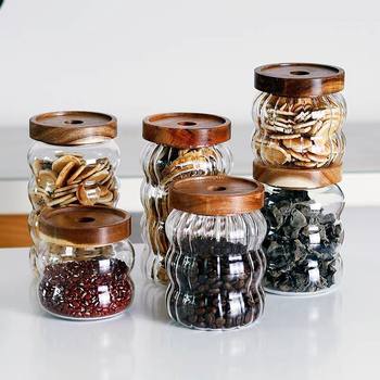 Acacia Wooden Lid Transparent Glass Sealed Jar Creative Storage Bottle Coffee Bean Coarse Grain Seasoning Tea Dried Fruit Storage Jar