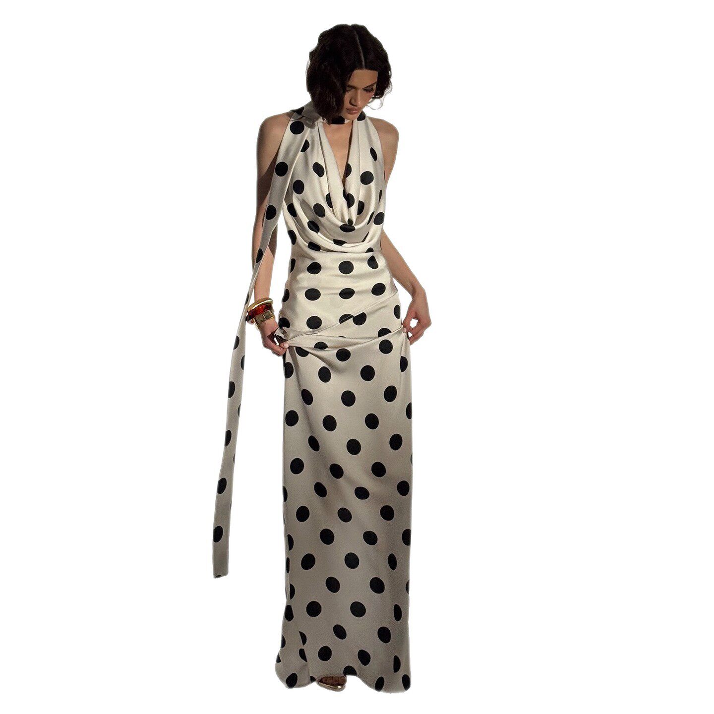 Womens Summer Two Piece Set Stylish Ruffled Neck Top with Tie Fitted Polka Dot Print Skirt Wholesale Available