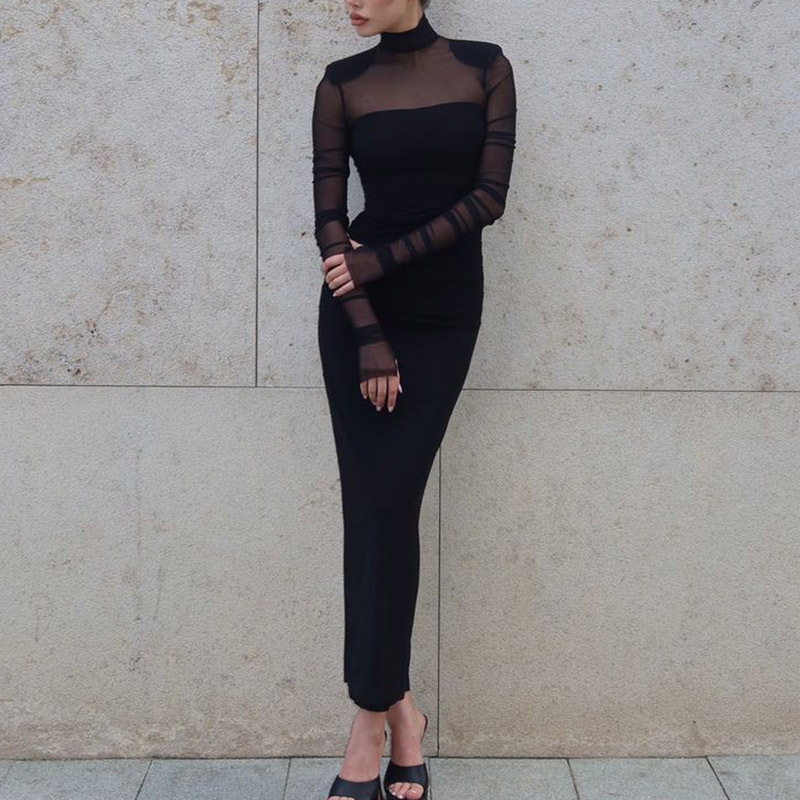 Elegant Womens Long Dress Half Turtleneck Sheer Mesh Panels Fitted Silhouette Solid Color Shoulder Pads Evening