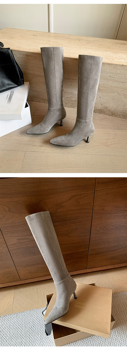 Boot nữ cổ cao mũi nhọn gót nhọn 6.5cm da lộn bò — Lớp lót đơn màu nâu, Lớp lót đơn màu xám, Lót nhung màu nâu, Lót nhung màu xám