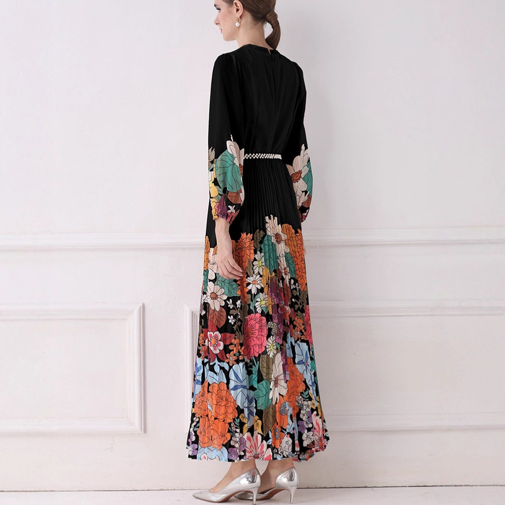 Elegant French Style Womens Dress High End Aesthetic Waist Tie Design Fashionable Floral Print Pleated Long Skirt
