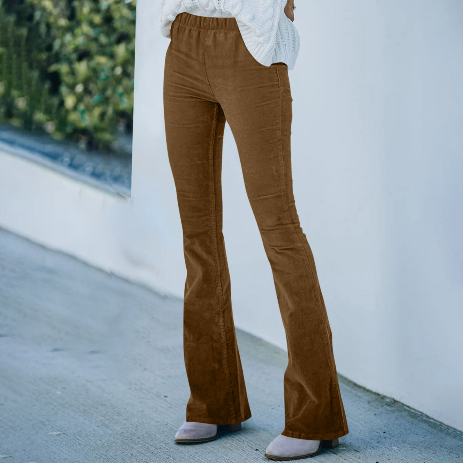 High Waisted Corduroy Slim Fit Flare Pants Solid Color Elastic Waist Casual Style Spring Summer Collection