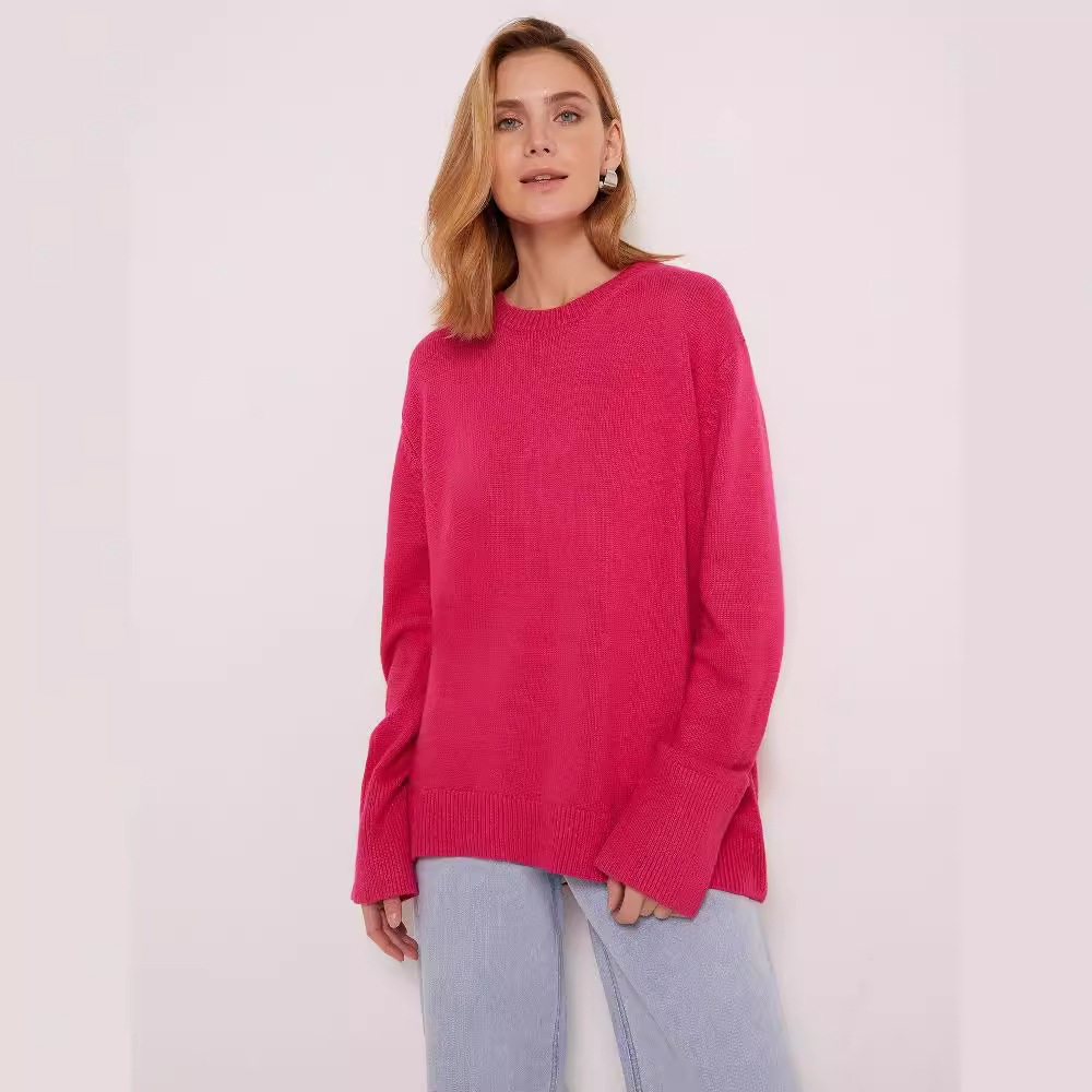 Womens Knit Sweater Round Neck Loose Fit Solid Color Autumn Winter Fashion Wholesale Available
