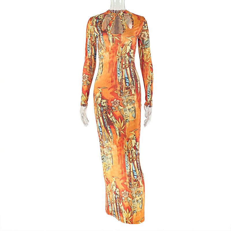 Vintage Style Womens Bodycon Dress Hollow Out Floral Print Long Sleeve Slim Fit Casual or Party Wear Wholesale