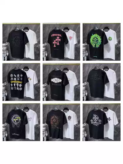 26Ss Cross-Border Ch Croxin High Street Washed Cross Sanskrit Heavy Embroidery Pure Cotton Short Sleeve T-Shirt Collection