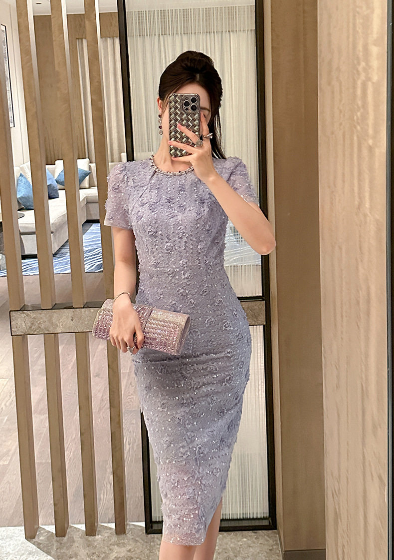 Đầm ren ôm body nữ cổ tròn tay bồng cao eo 2025 — [Trắng hồng], [Tím] chi tiết 16