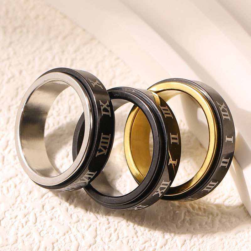Cross-border Hot Selling Roman Numerals Titanium Steel Ring Rotatable Stainless Steel Creative Ring New Student Personality All-match