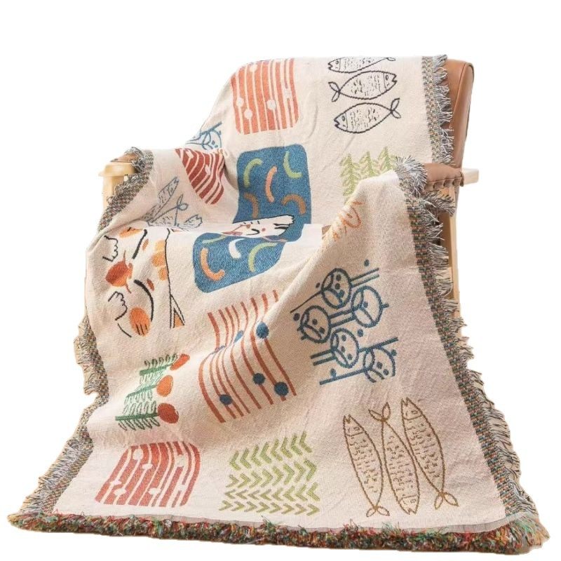 New Multifunctional Line Blanket, Sofa Towel, Double-Sided Sofa Blanket, Backrest, Bay Window Blanket, Cushion, Universal for All Seasons, Flowers Bloom and Wealth