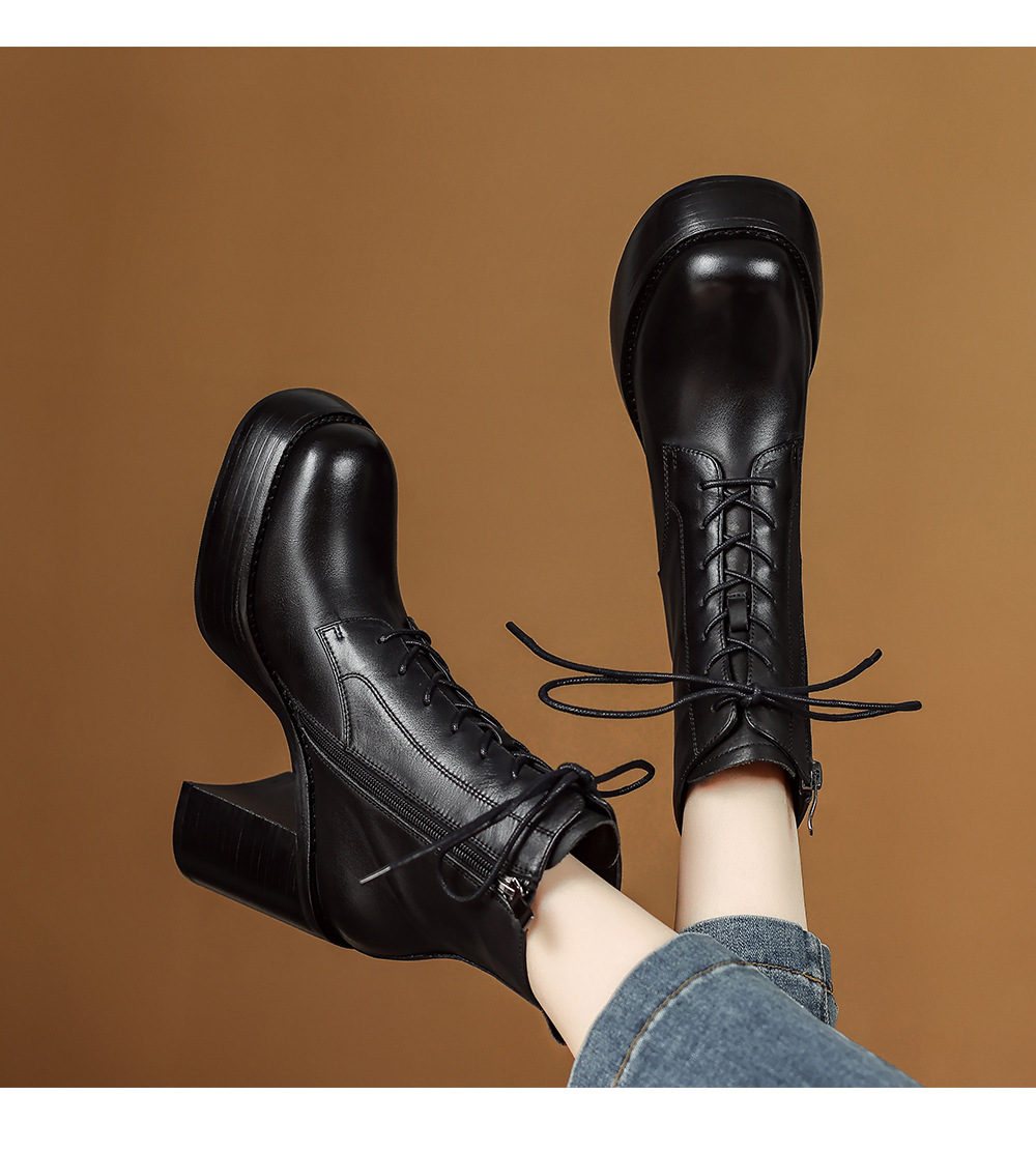 Boot Martin nữ đế dày gót thô buộc dây tăng chiều cao mũi tròn da bò thật — Lớp lót đơn màu nâu, Lớp lót nhung màu nâu, Màu đen một lớp, nhung đen