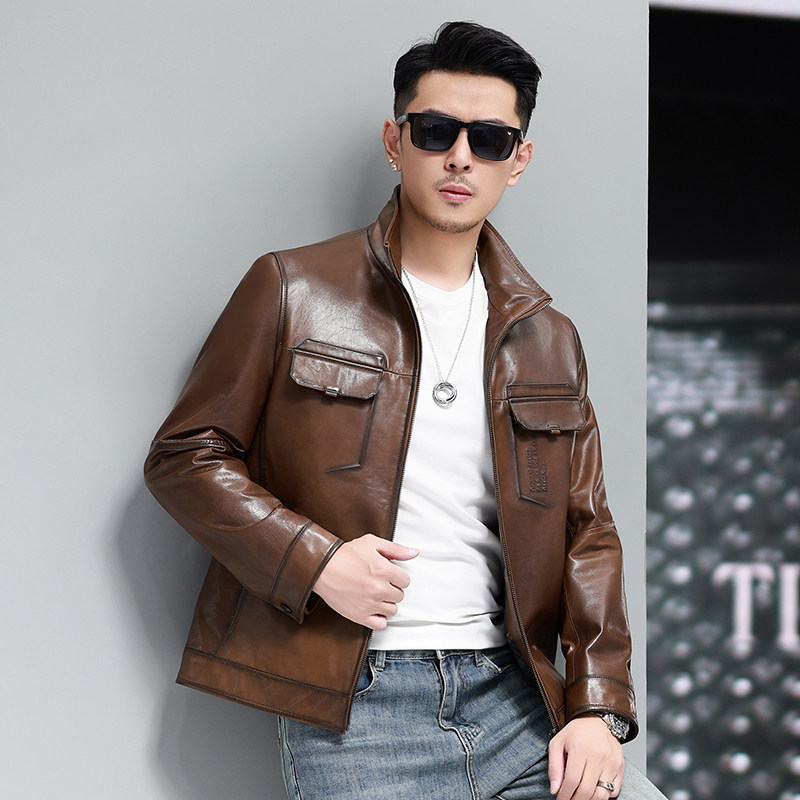 Áo Khoác Da Cừu Nam Kiểu Motor Biker Ngắn Màu Nâu