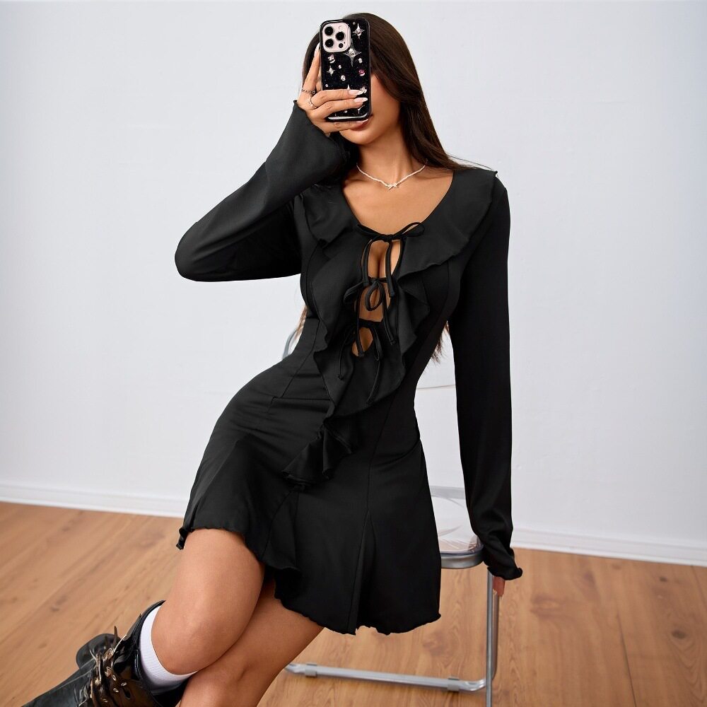 Womens Sexy Tie Front Semi Open Cardigan Dress Ruffled Hem Slim Fit Short Length Spring Summer Fashion Wholesale