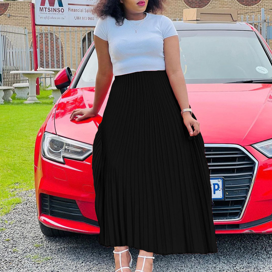 Plus Size Womens Long Pleated Skirt Solid Color High Waist Flared Design Autumn Fashion for Casual Wear Wholesale