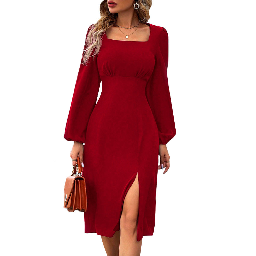 Elegant Midi Dress Side Slit Square Neck Waist Cinching Flattering Fit Perfect for Parties and Formal Events