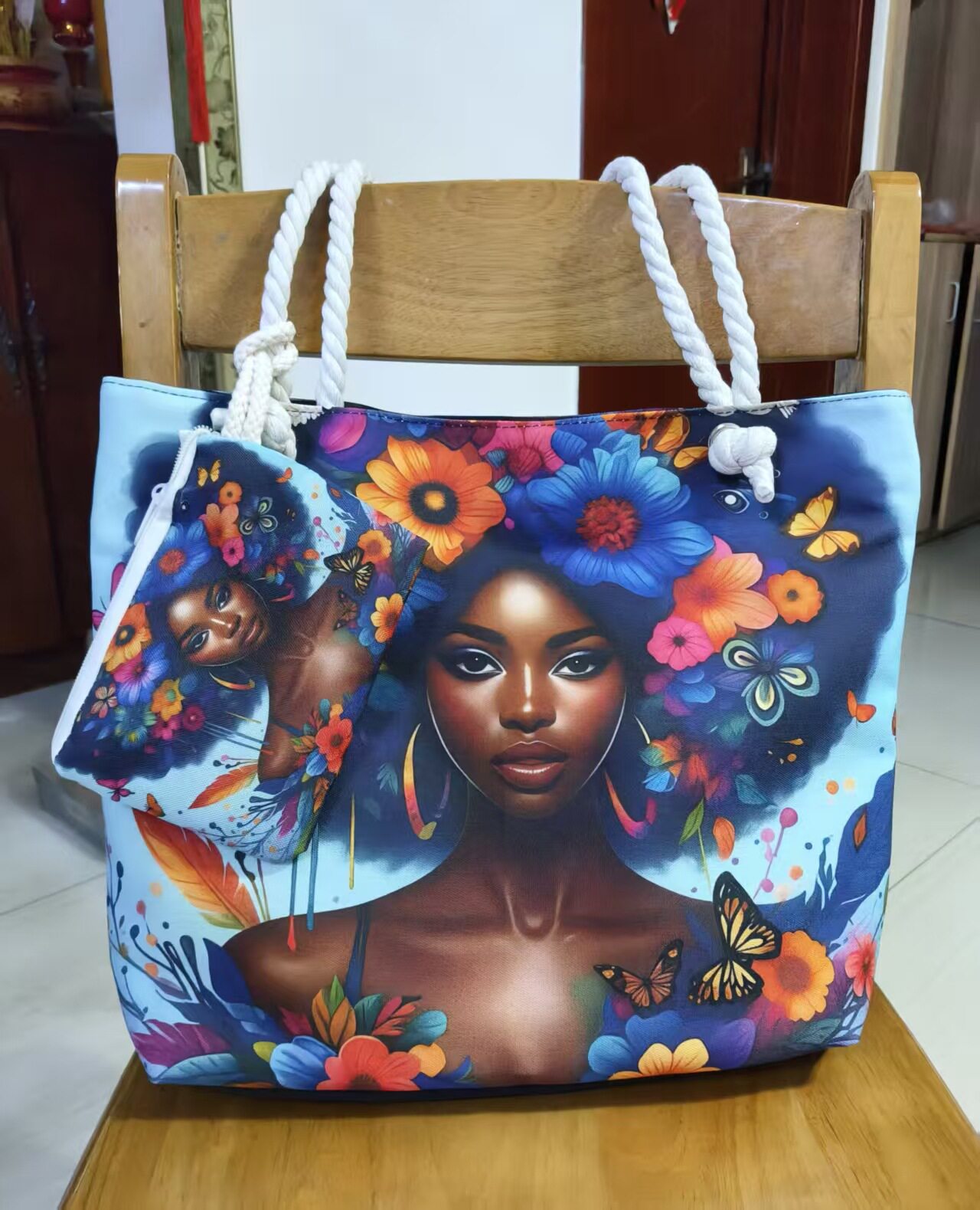 2025 Practical Versatile Canvas Bag Cartoon Printed Portable Beach Bag Large Capacity Single Shoulder Zipper African Women's Bag