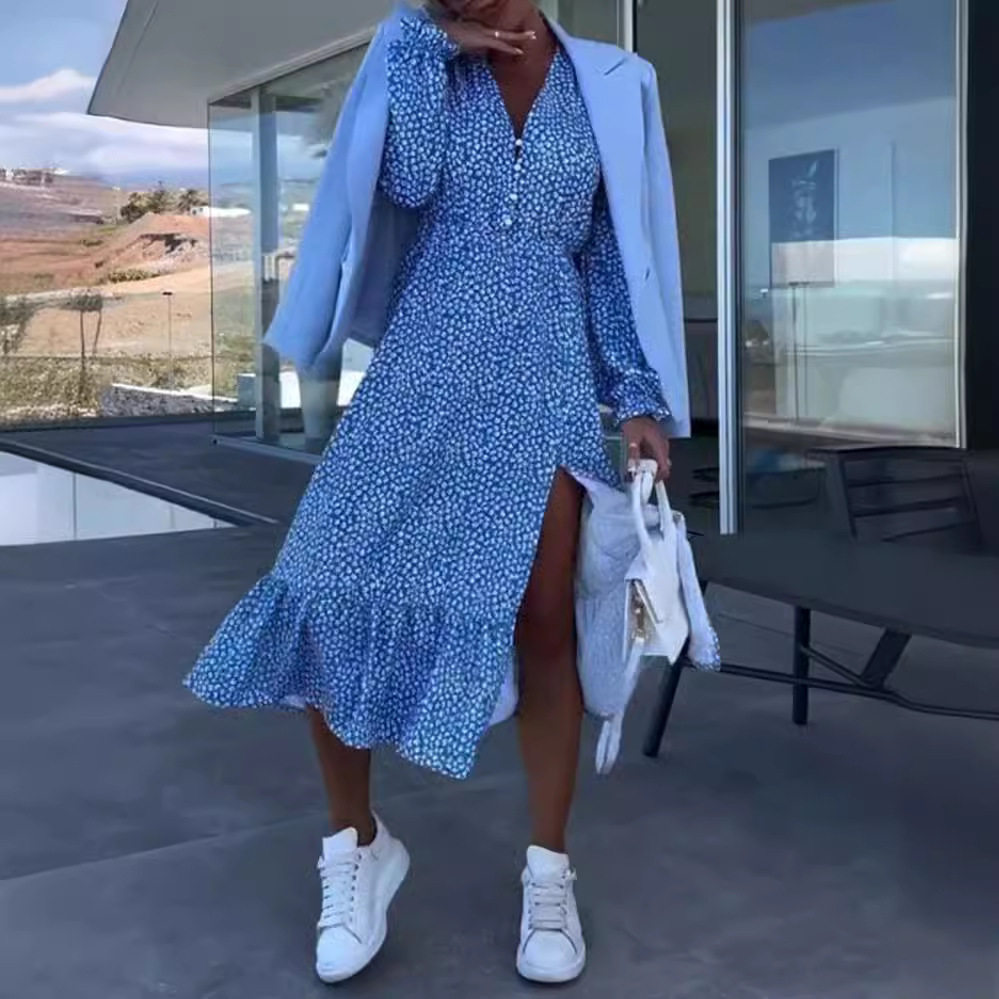 Floral Print Long Sleeve V Neck Patchwork Dress Summer Collection Casual Wear for Women OEM Available