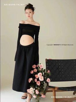 New Style Pregnant Mother Photography Clothing Indoor Simple Style Four Seasons Maternity Photo Clothing Photo Studio Black Dress