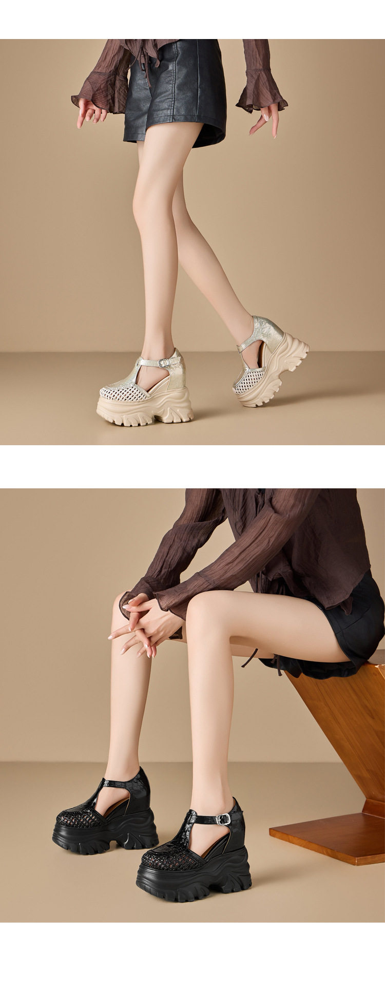 Sandal cao gót nữ đế xuồng 14cm dệt lưới mũi tròn hở mũi — [Trắng kem], [Đen], [Vàng nhạt] chi tiết 5