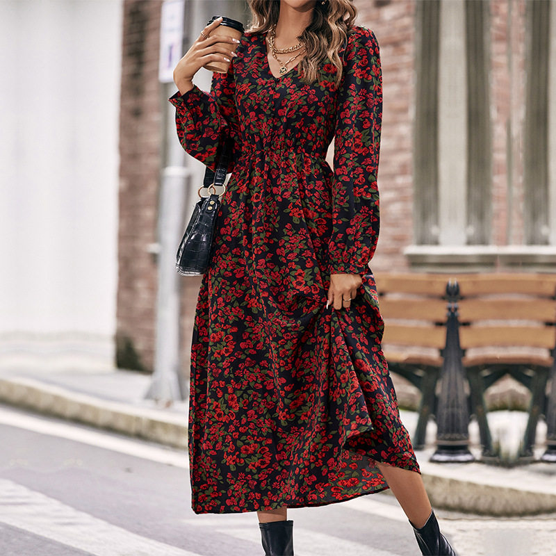 Red Floral Long Sleeve Maxi Dress Elegant Design Autumn Spring Fashion Perfect for Casual or Formal Occasions
