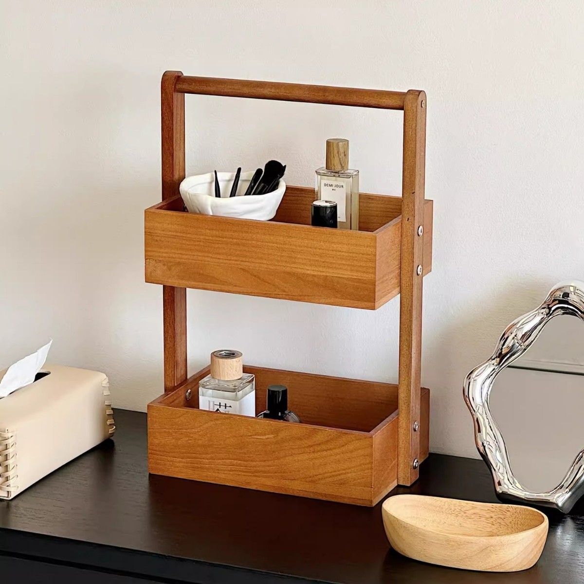 Double-Layer Solid Wood Storage Rack Living Room Desktop Fruit Snack Storage Basket Kitchen Storage Wooden Multi-Layer Storage Rack