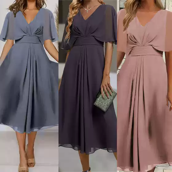 Cross-border 2023 Summer Amazon foreign trade new European and American fashion solid color V-neck tight waist casual large swing dress
