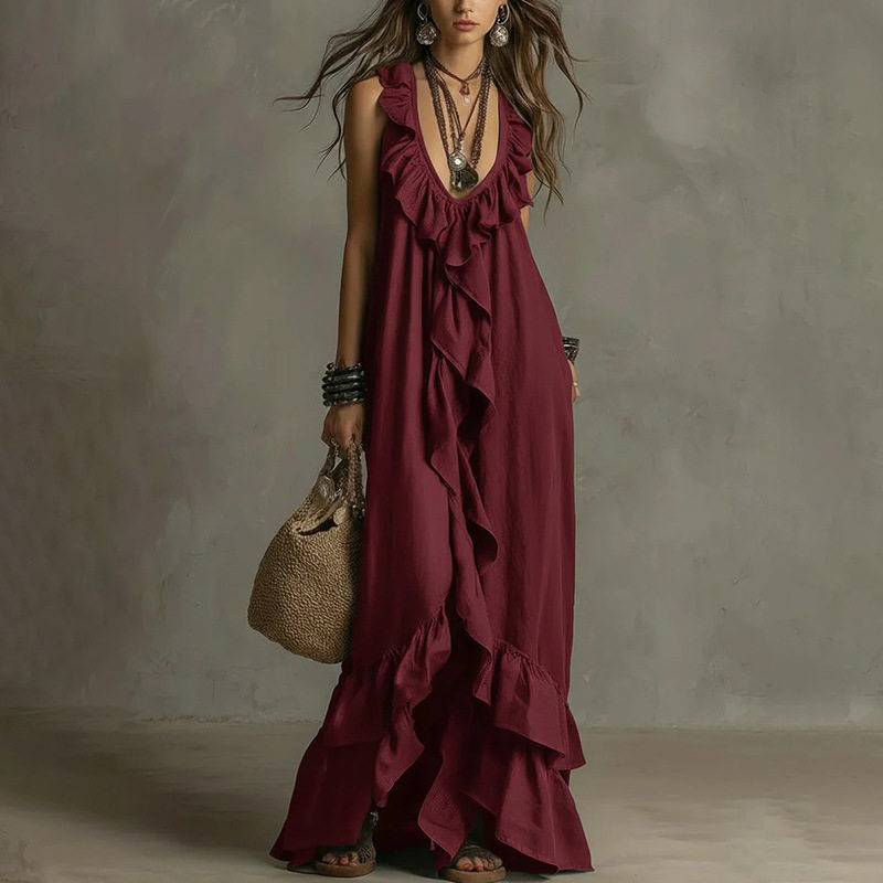 Summer A Line Dress Fashionable Elegant Loose Fit Lace Trim Perfect for Casual Outings or Beach Wear Wholesale