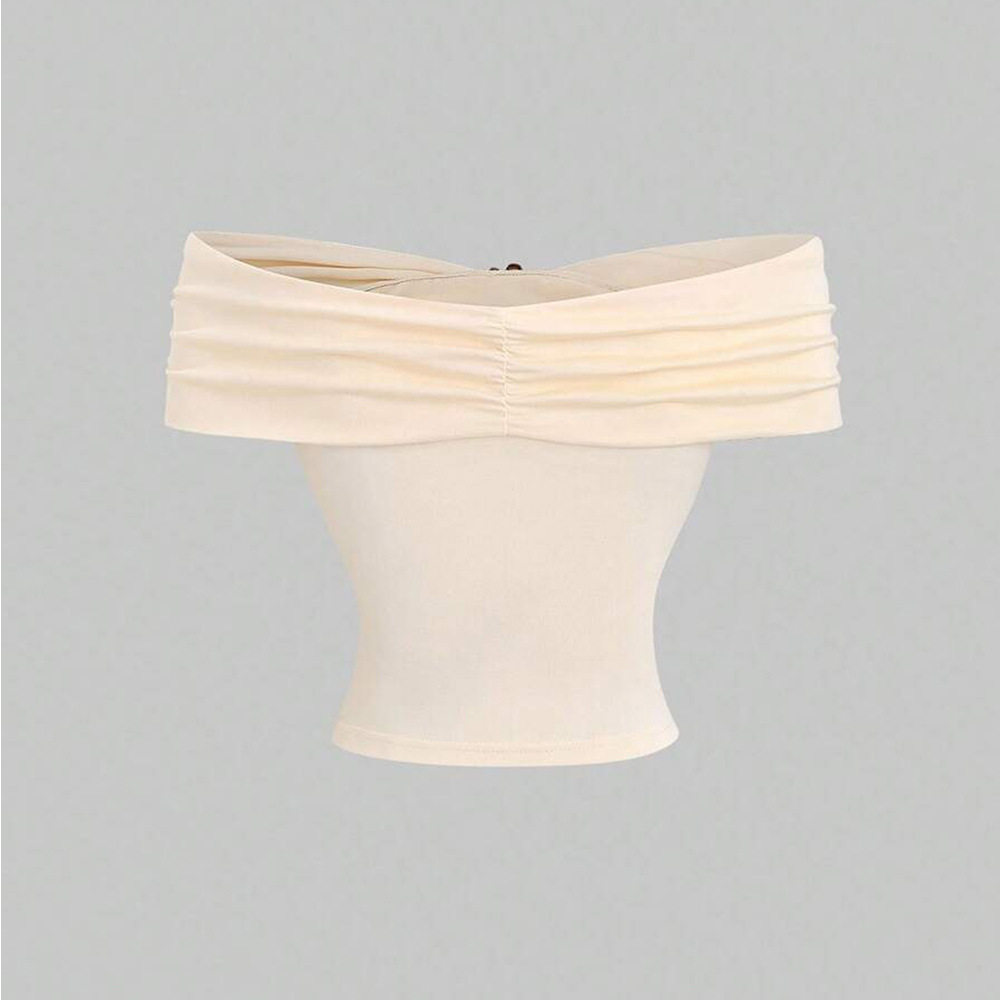 Womens Off Shoulder Short Sleeve Top Fashionable Metal Button Slim Fit Cropped Design Casual Wear Summer Style