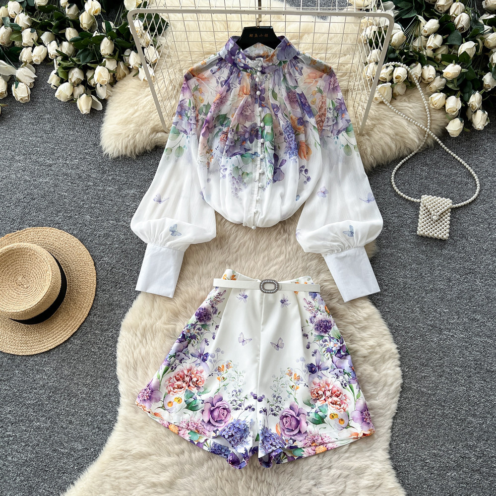 Fashion Floral Print Two Piece Set Lantern Sleeve Top Stand Collar High Waisted Shorts Office Wear Casual Style