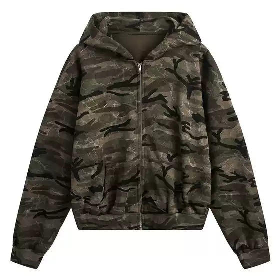 High school students American retro camouflage short cardigan coat men and women fashion brand cleanfit couple hooded sweater fashion